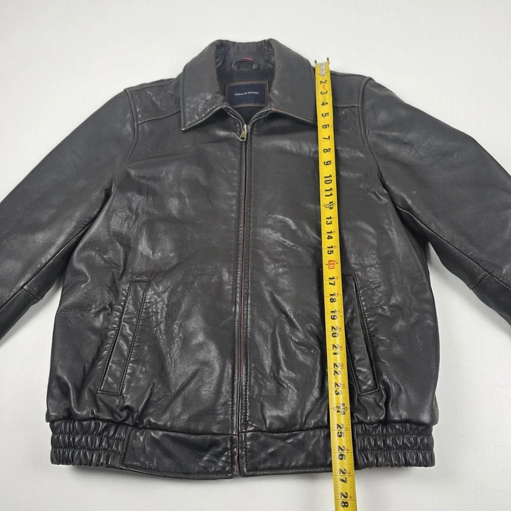 Tommy Hilfiger Jacket Mens Medium Brown Leather Bomber Plaid Lined Full Zip